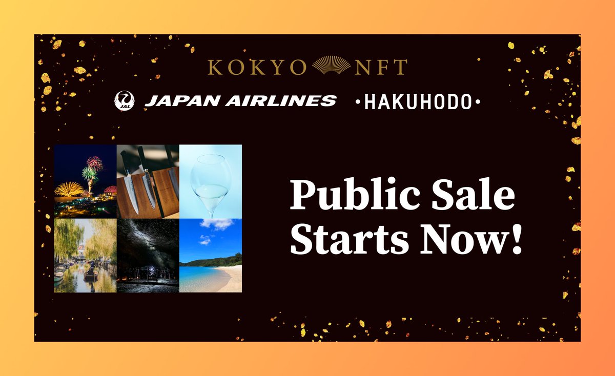 Public Sale for KOKYO NFT is officially live 🚀🚀 Head straight to the sale page to secure your NFT before they're all snapped up: kokyo-nft.jp. Enjoy the minting process! Which one are you buying? 👀 🔪 Japanese Knife NFT ⛩️ Samurai Family NFT 🍾 Kokuto Shochu NFT