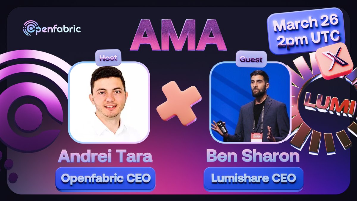openfabricai's tweet image. 1 hour to go!🥳

#Openfabricai x Lumishare AMA will start in an hour.

Guest: @BenSharon29 , Lumishare CEO and Co-founder
Host: @andrei_tara, Openfabric Ai CEO and Founder.

Date: March 26th, 2pm UTC

Set your reminder: