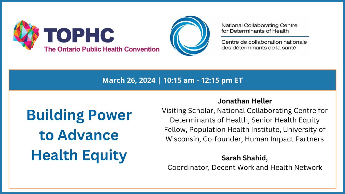 Are you at #TOPHC2024 today? Join the NCCDH and @DecentWorkHlth for an interactive and practice-based workshop. Learn to shift power imbalances, tackle structural determinants of health, and champion equity! 🗓️10:15 am - 12:15 pm @TOPHCtweets