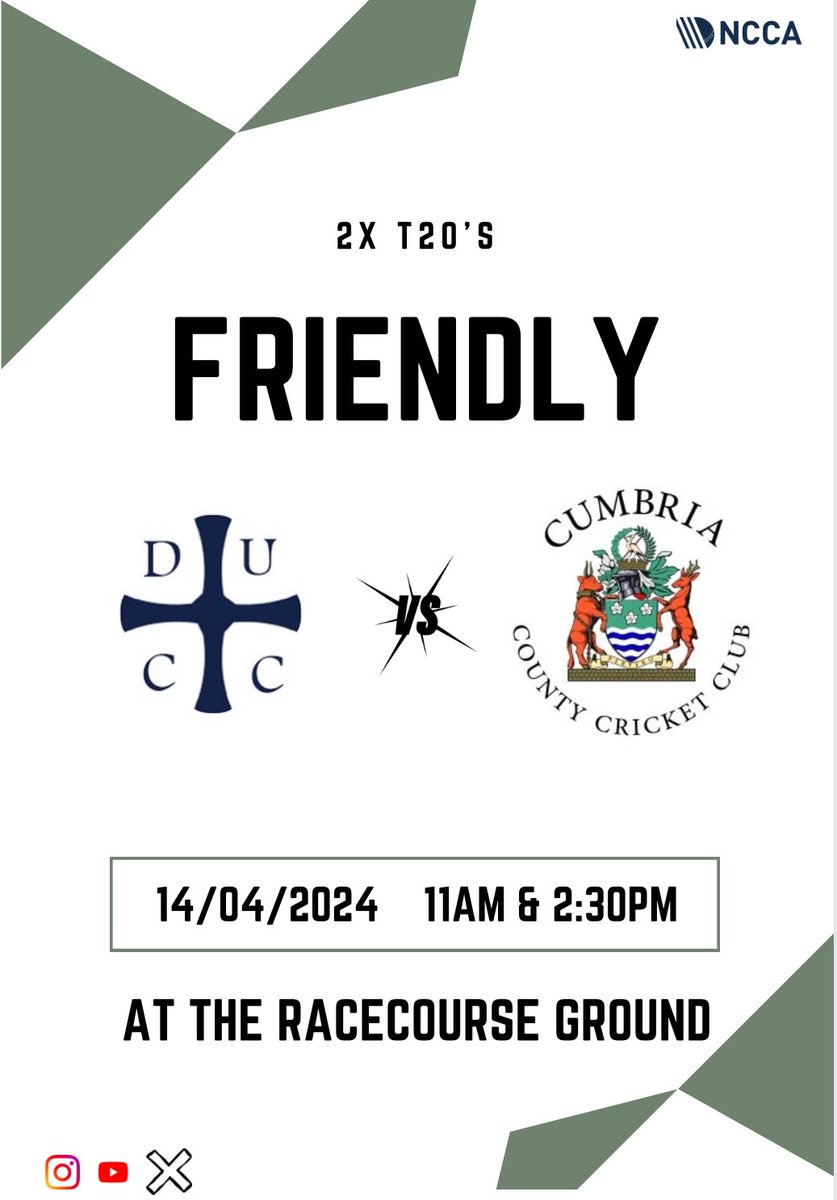 Confirmed friendly in prep for our @NCCA_uk T20 Group getting underway on 28/04/2024 🆚 @DurhamUniCC 🏟️ Racecourse Ground 🕰️ 11am & 2:30pm