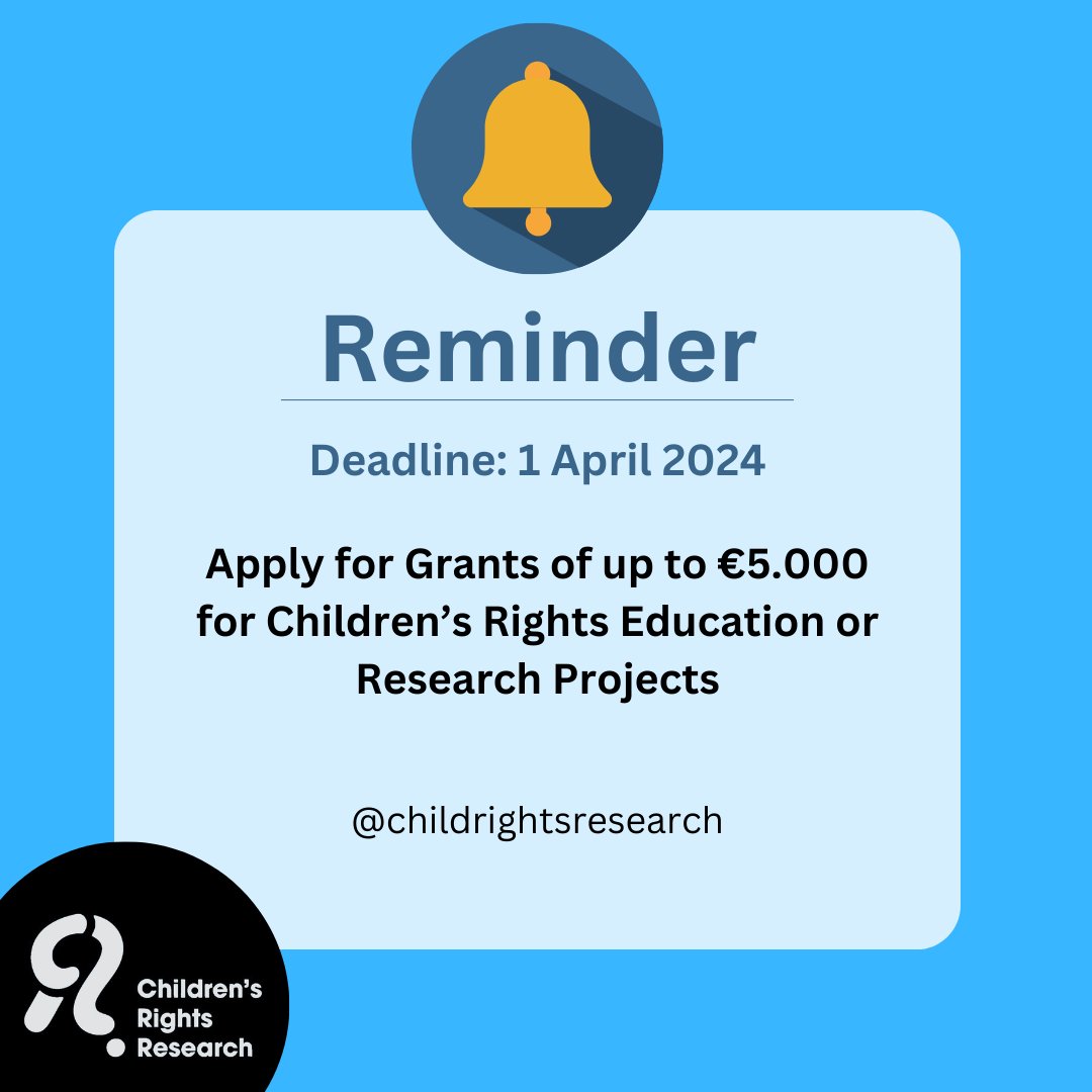 DEADLINE APPROACHING SOON!🚨🚨🚨 Don't miss out on this opportunity! 📢Apply for Grants of up to €5.000 for Children’s Rights Education or Research Projects For additional details, DM us!