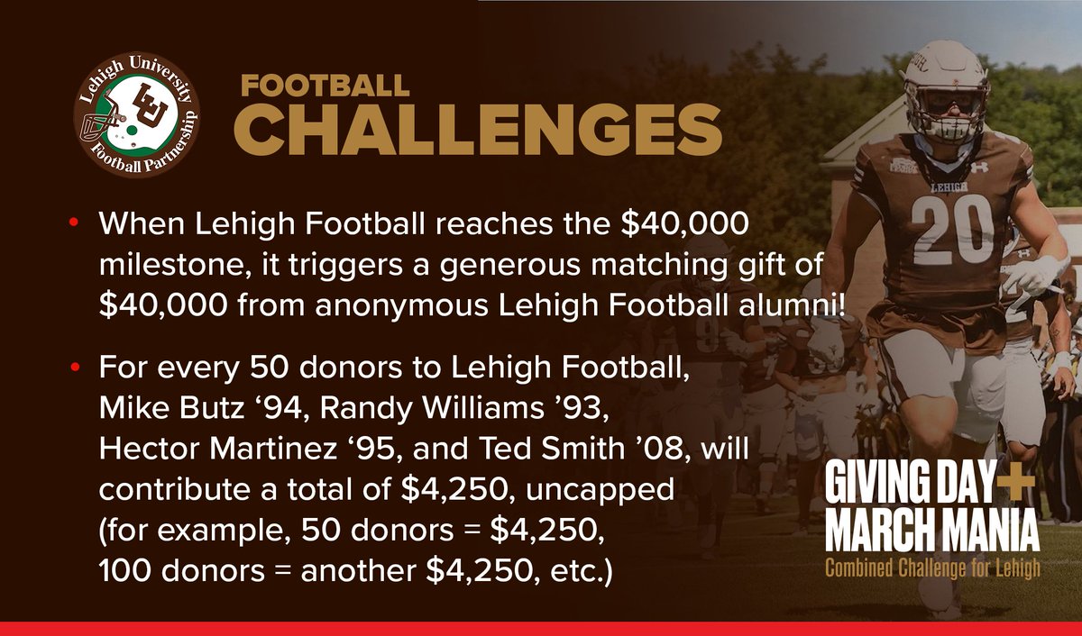 Touchdown time, folks! 🏈 It's Giving Day + March Mania, and we need your support! Join us in scoring big for our team. Donate today and helps us get to our goal! #SupportLehigh givecampus.com/schools/Lehigh…