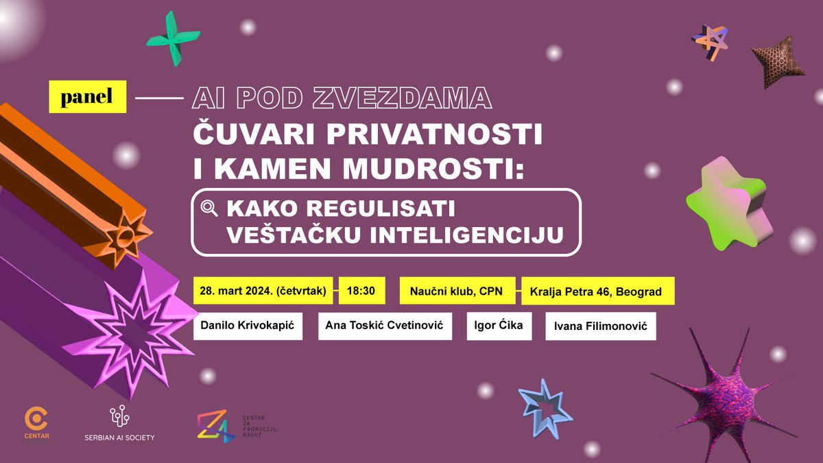 Da li ste spremni za novi panel AI pod zvezdama? Centar za istraživanje javnih politika, @AiSerbian i @CPNSrbija pozivaju vas da nam se priružite na panelu pod nazivom „Čuvari privatnosti i kamen mudrosti: Kako regulisati veštačku inteligenciju“.