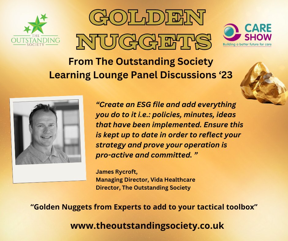 As we gear up to @CareShow London, we thought we'd share some 'Golden Nuggets' from our Learning Lounge in Oct 23. Golden Nugget of the Day comes from James Rycroft MD of @vidahealthcare1 #careshow #socialcare #goldennuggets #expertadvice