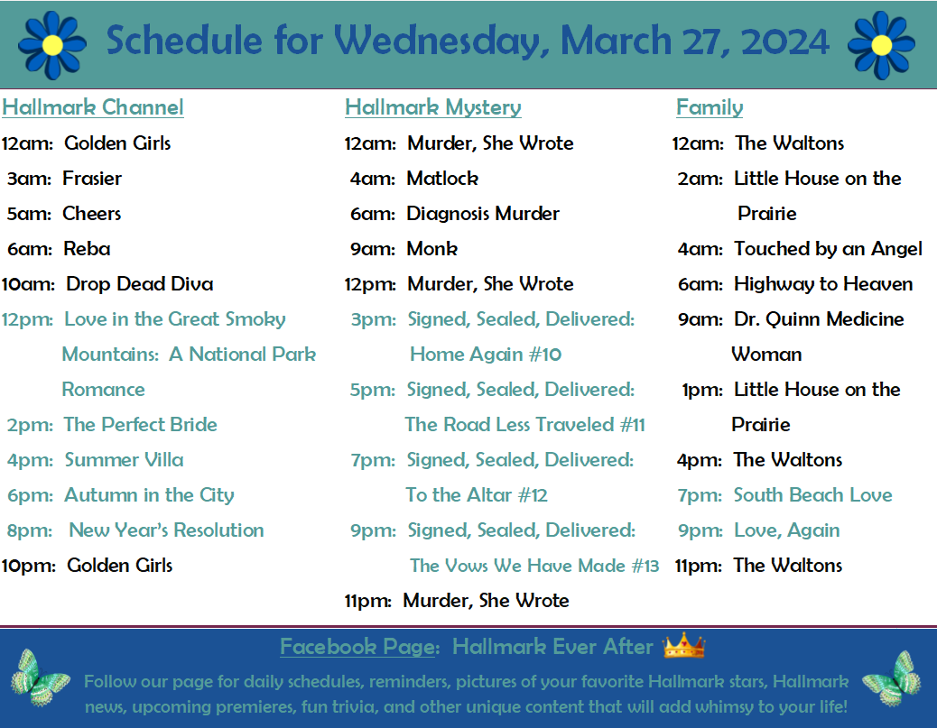 RomComReview1's tweet photo. 3/27/24 schedule:
#HallmarkChannel is playing two back-to-back movies featuring #AimeeTeegarden, since she's headlining this weekend's premiere of #EasterBloom.
#POstables! #HallmarkMystery is featuring a marathon of #SignedSealedDelivered movies encompassing episodes 10-13. https://t.co/1YW8V69k3C