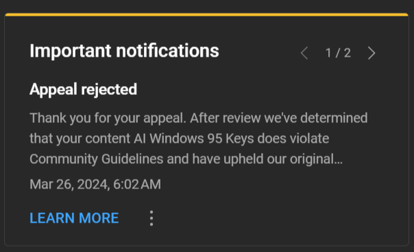 For the 4th time, YouTube has taken down UFD Tech. Our video covering how someone got ChatGPT to print out Windows 95 key is 'Harmful and dangerous'. This is happening after Nintendo gave us a strike for Android on Switch content 4 years ago Both videos are not in violation.