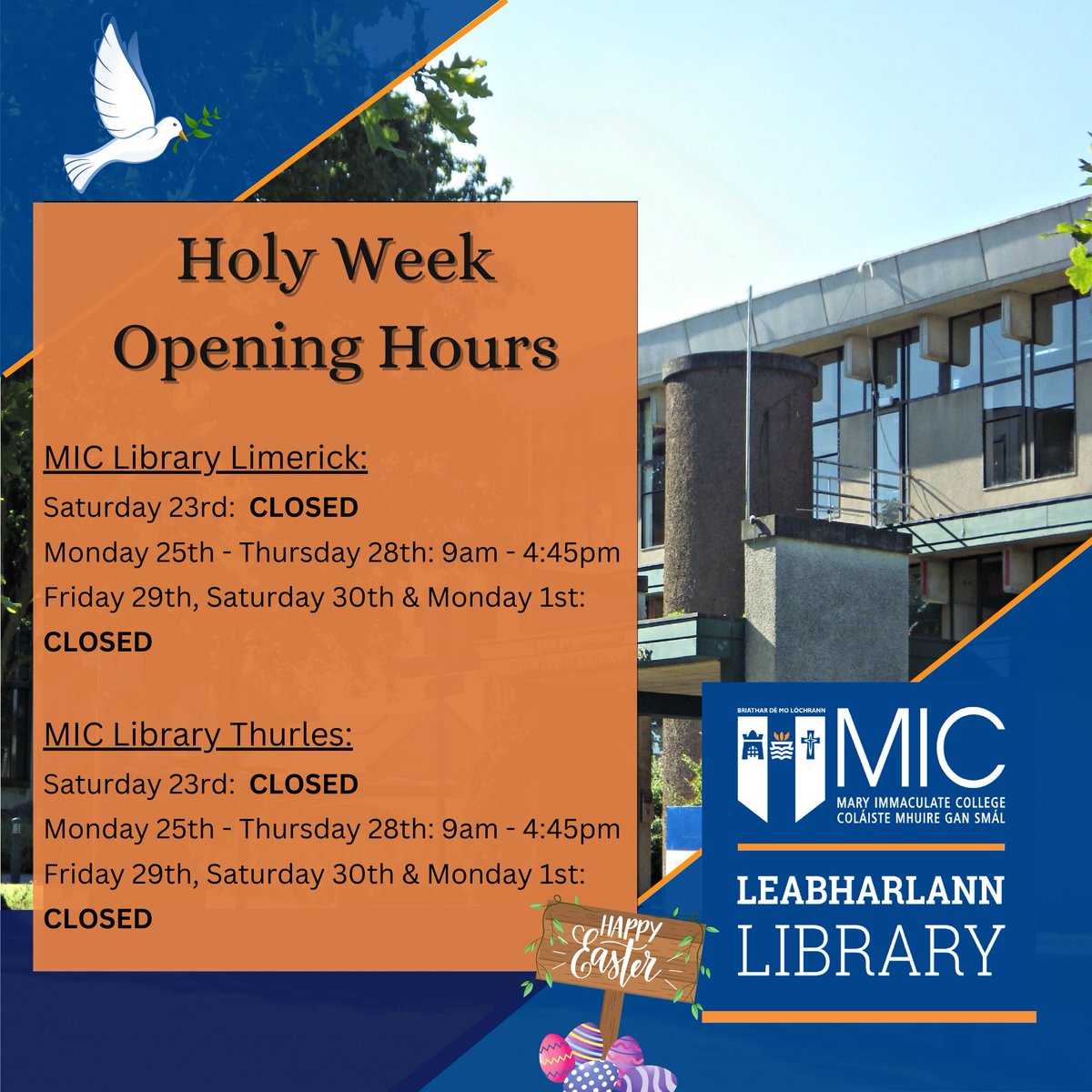 A quick reminder to everyone of our opening hours for next week as it's Holy Week 🕊️ ✨ Both MIC Libraries will either close at an earlier time or be closed for the day from Saturday 23rd March - Monday 1st April. Happy Easter! 🐰🍫 #miclibraries  #happyeaster #holyweek
