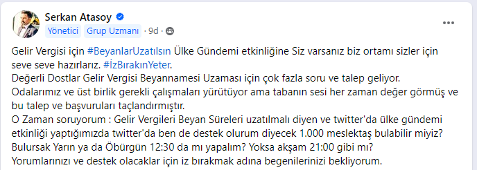 Gelir Vergisi için #BeyanlarUzatılsın Ülke Gündemi etkinliğine Siz varsanız biz ortamı sizler için seve seve hazırlarız. #İzBırakınYeter. Ayrıca Sizce 12:30 da mı yapalım? Yoksa akşam 21:00 gibi mı? Yorumlarınızı ve iz bırakmak adına begenilerinizi bekliyoruz. @MuhasebeBT