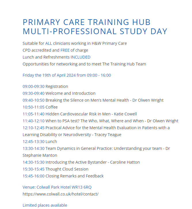 We have a fantastic educational day planned for primary care staff! You'll meet our multi professional education team who will be delivering an incredible agenda! For more information please email traininghub@taurushealthcare.co.uk