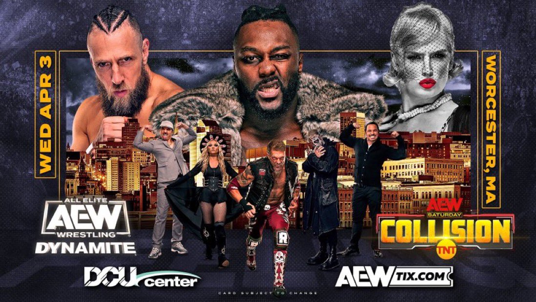 ARE YOU READY?!?! #AEW returns to Worcester on Weds. April 3 with #AEWDynamite LIVE and #AEWCollision under the same roof at the DCU Center with the BIGGEST names in professional #wrestling! Tickets as low as $20 are available through Ticketmaster (link in bio) & the Box Office!