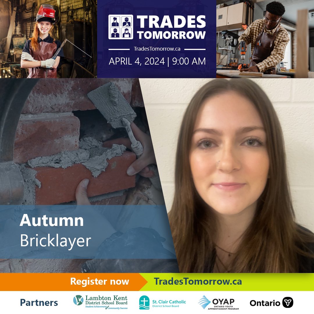 Job Talks (@jobtalkscanada) on Twitter photo 👋 Hey Everyone! Meet Autumn!
🧱 She is a #Bricklayer working in the #SkilledTrades
🗓️ On April 4th she will be helping to educate students about THIS exciting #career 👏
👍 Get ready <a href="/LKDSB/">Lambton Kent DSB</a> & <a href="/SCCDSB/">St. Clair Catholic District School Board</a>
🔗 TradesTomorrow.ca 👋 Hey Everyone! Meet Autumn!
🧱 She is a #Bricklayer working in the #SkilledTrades
🗓️ On April 4th she will be helping to educate students about THIS exciting #career 👏
👍 Get ready <a href="/LKDSB/">Lambton Kent DSB</a> & <a href="/SCCDSB/">St. Clair Catholic District School Board</a>
🔗 TradesTomorrow.ca