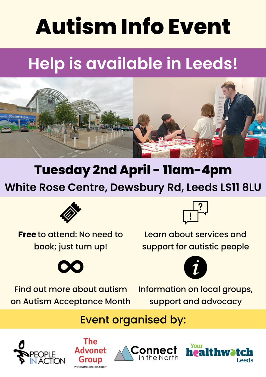 Next Tuesday (2nd April) is #WorldAutismAcceptanceDay To celebrate we'll be holding an information stall in @whiteroseleeds along with @leedsautismAIM, @HWLeeds & @ThroughTheMaze. We'll be there from 11am to 4pm, so please feel free to drop by and say hello.