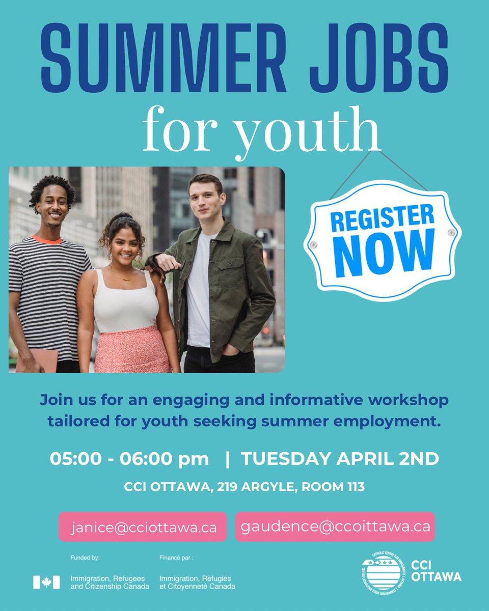 Are you a newcomer youth trying to look for a summer job? 

Join us for an engaging and informative workshop tailored for youth seeking summer employment.

#jobsforyouth #jobsottawa #ottawa #myottawa #cityofottawa #ontariojobs
