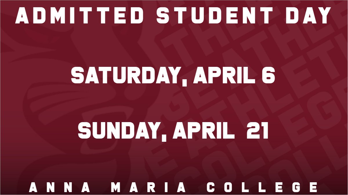 Register Today for an Anna Maria College Admitted Student Day. Saturday, April 6, 2024 Sunday, April 21, 2024 Registration Link: ow.ly/t5ra50R24cA