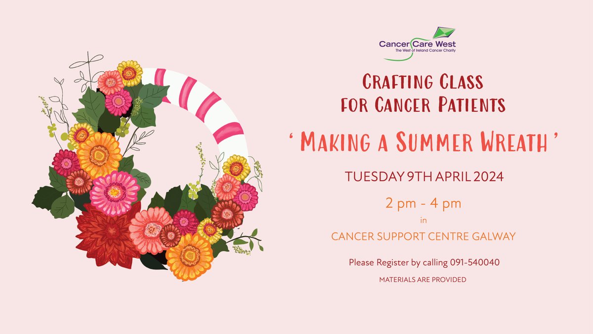 We are running a crafting class on the 9th April for #cancer patients in our #Galway support centre. Make your own summer wreath & get the opportunity to meet & chat to others. Book your place by calling us on 091 540040 🌻 #artandcraft #summerwreath #cancersupport #crafty