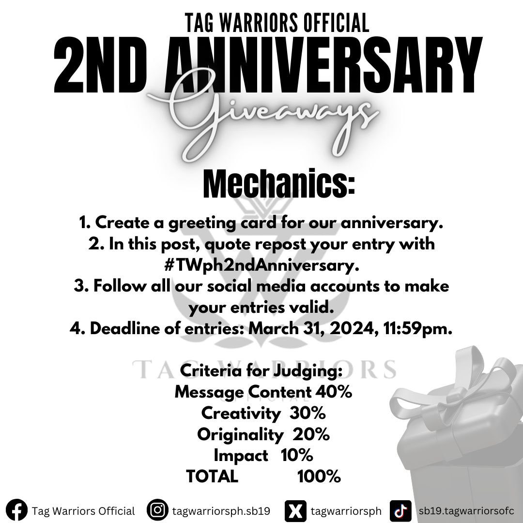tagwarriorsph's tweet photo. GIVEAWAY ALERT! 🚨

“GREET us!” 🎉

Creativity never goes out of style! Ilabas natin ‘yan, A’TIN! 😁

Dropping our 3rd game for our 2nd anniversary giveaways! Please see mechanics below! 👇

@SB19Official #SB19
#tagwarriorsph #TWph 
#TWph2ndAnniversary https://t.co/FCnbfKuakJ