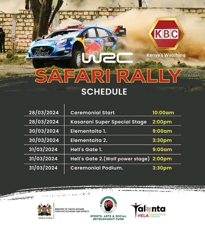 From tomorrow,Safari Rally 2024 unfolds with a series of events that showcase the best of motorsport excitement and competition. Don't miss out.
#ExperienceWRCRally
#SafariRally2024
CS Ababu