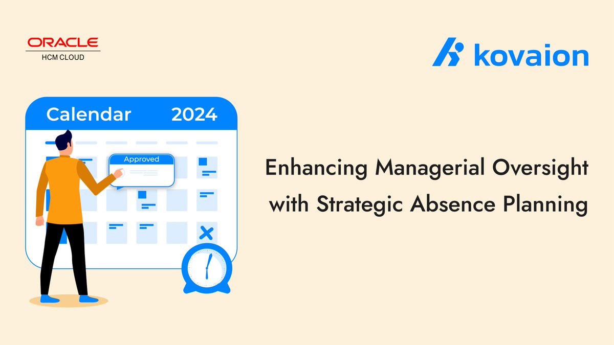 kovaion's tweet image. Enhancing Managerial Oversight with Strategic Absence Planning | Oracle HCM Cloud
To Read More,
Visit: kovaion.com/blog/enhancing…
#Kovaion #blog #oracleblog #absenceplanning #OracleFusionCloud #oraclehcm #oraclehcmcloud