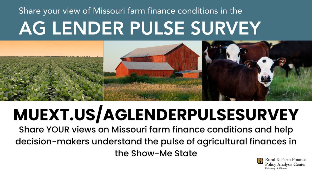 ⏳Time is running out to complete the Ag Lender Pulse Survey!⏳

Missouri ag lenders, we want to hear from YOU! Consider participating in a brief, anonymous survey and share your view of Missouri #farmfinance conditions. 

The survey closes March 28: muext.us/aglenderpulses…