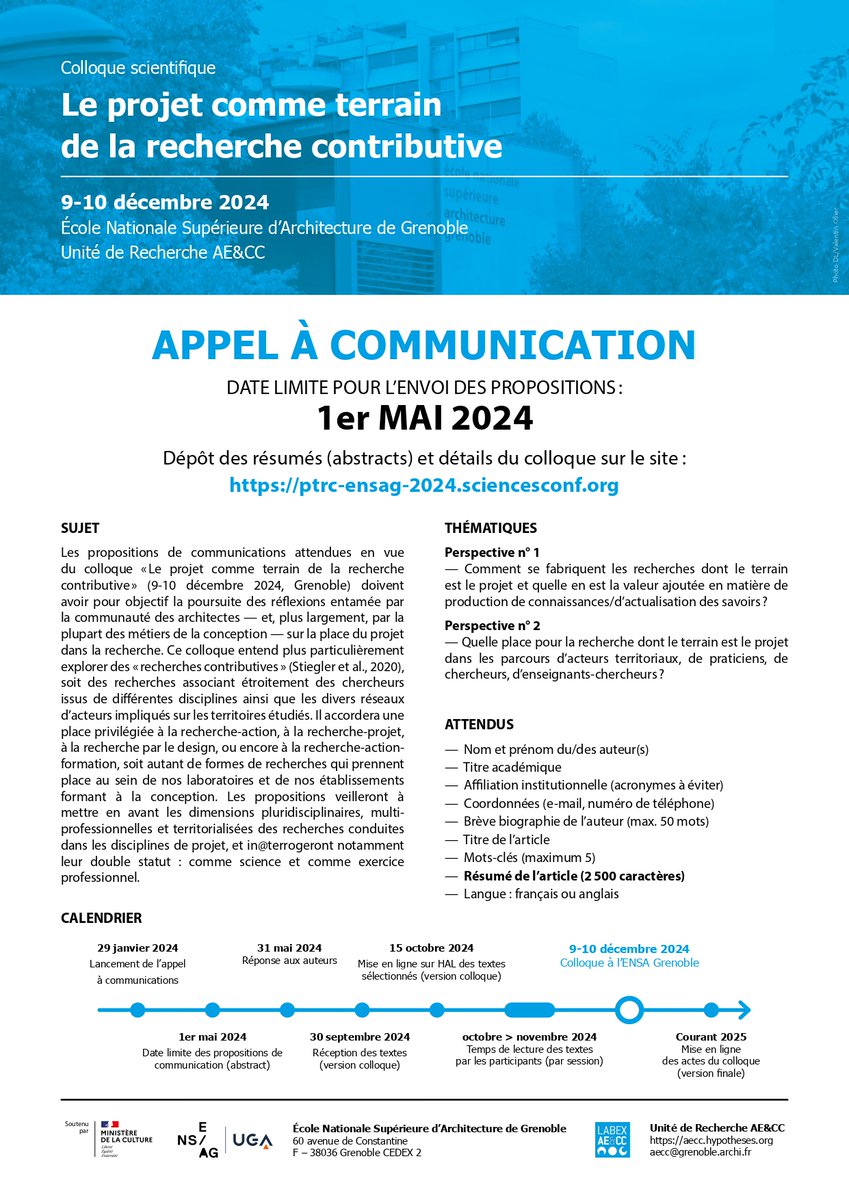 𝔸ℙℙ𝔼𝕃 | ℂ𝕠𝕝𝕝𝕠𝕢𝕦𝕖« 𝕃𝕖 𝕡𝕣𝕠𝕛𝕖𝕥 𝕔𝕠𝕞𝕞𝕖 𝕥𝕖𝕣𝕣𝕒𝕚𝕟 𝕕𝕖 𝕝𝕒 𝕣𝕖𝕔𝕙𝕖𝕣𝕔𝕙𝕖 𝕔𝕠𝕟𝕥𝕣𝕚𝕓𝕦𝕥𝕚𝕧𝕖»
⏰ Deadline 1er mai 2024

🔗Consulter l’appel : ptrc-ensag-2024.sciencesconf.org/resource/page/…
