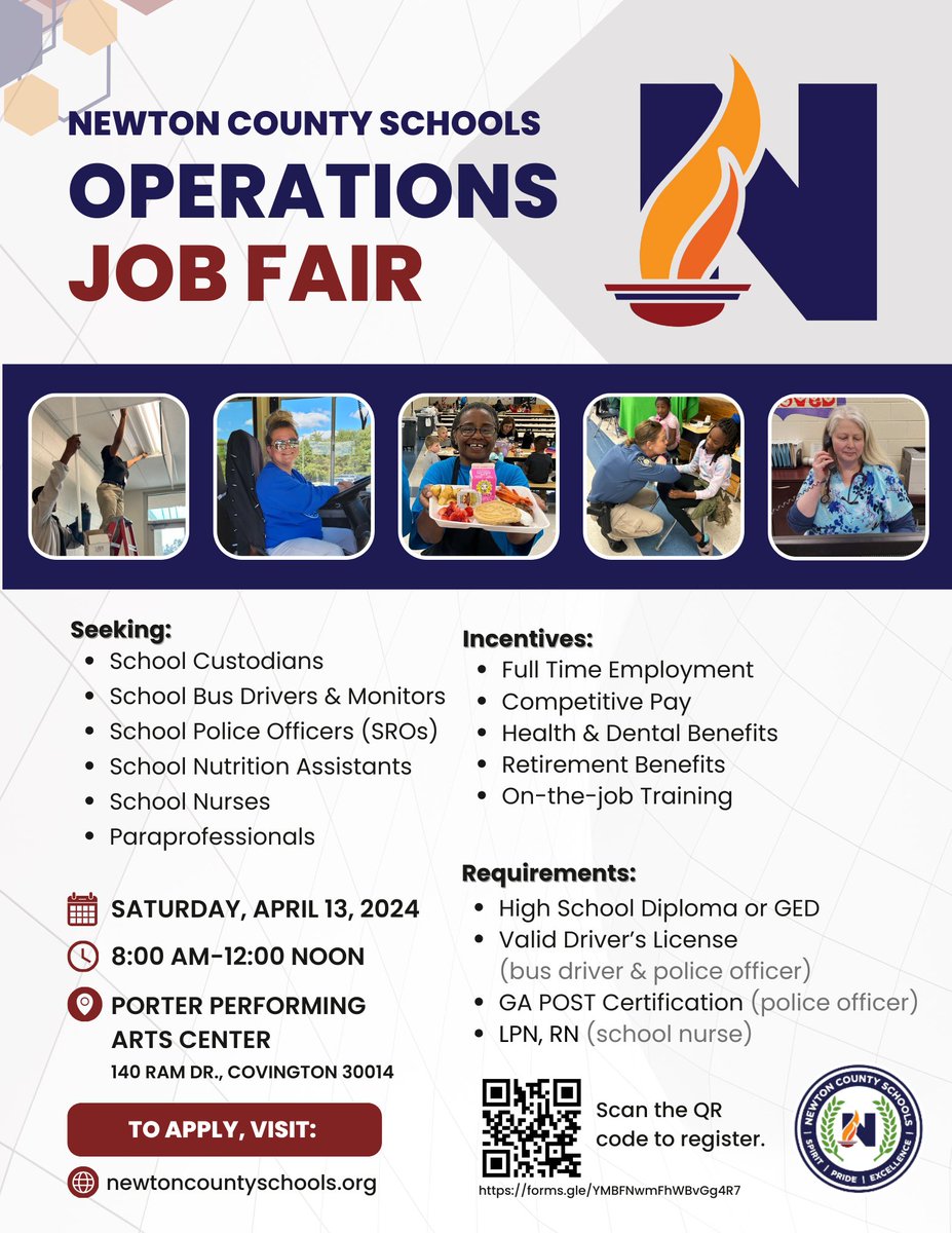 Join us at the Newton County Schools Operations Job Fair! We're hiring for various exciting positions with full-time employment, competitive pay, benefits, and training. Date: April 13, 2024, 8 AM - 12 PM at Porter Performing Arts Center. Don't miss out!