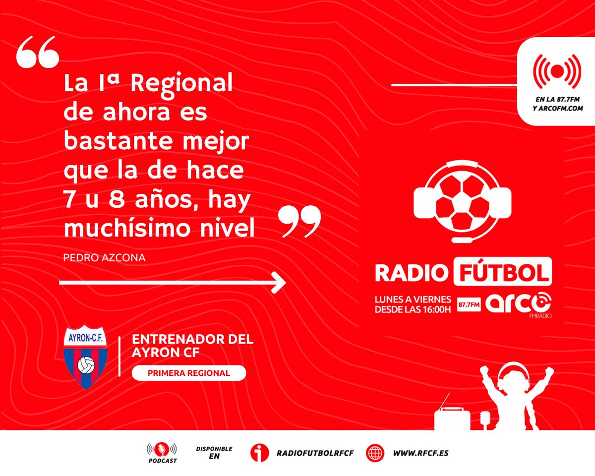 🗣️🎙️ Pedro Azcona (<a href="/Pedro_Azcona/">Pedro Azcona</a>), entrenador del <a href="/Ayron_CF/">Ayron CF</a>, en #RadioFútbolRFCF:

➡️"La 1ª Regional de ahora es bastante mejor que la de hace 7 u 8 años, hay muchísimo nivel."

▶️ Escucha la entrevista completa en rfcf.es/pnfg/NNws_ShwN…
