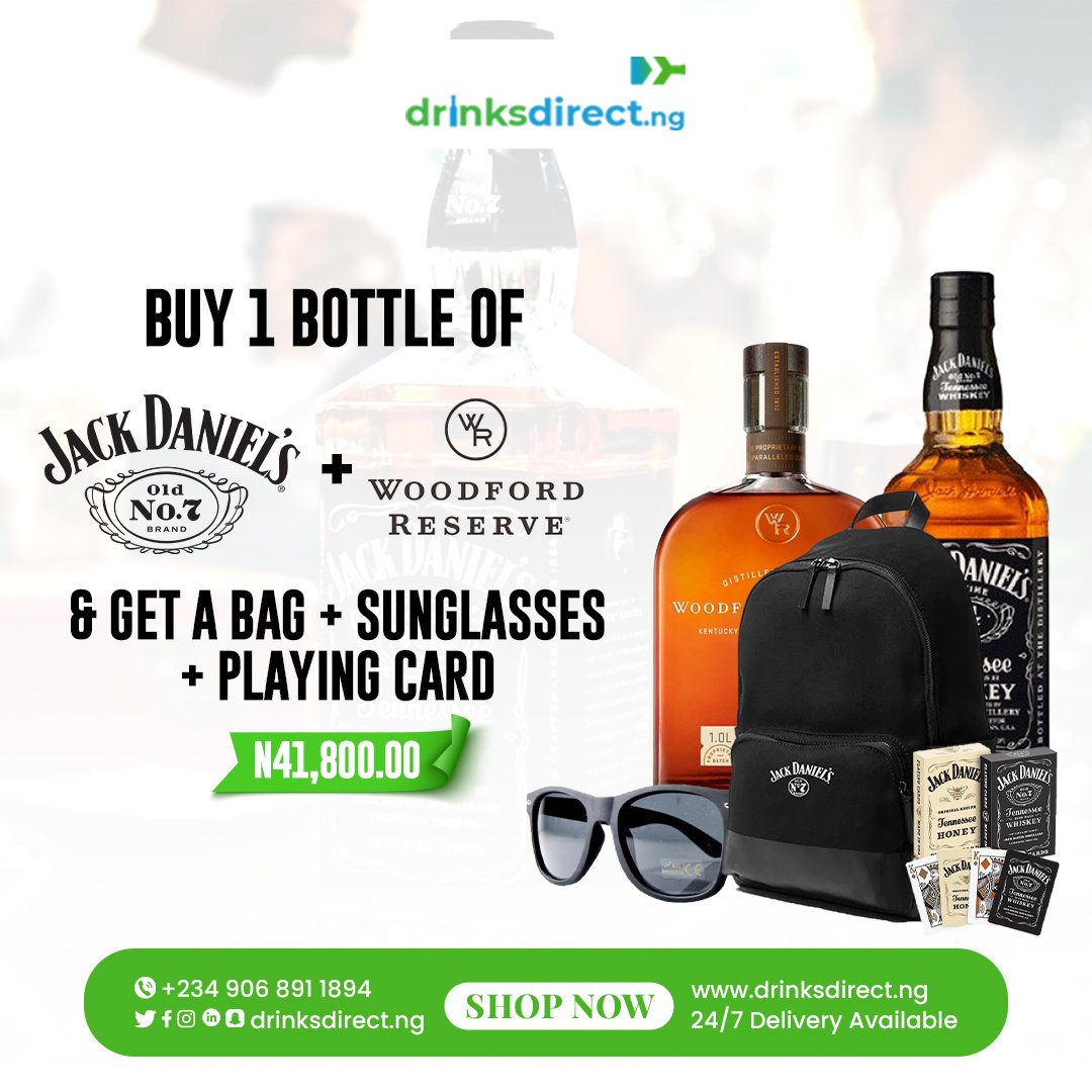 Hot Sales 🔥 🔥 
Buy 1 Bottle of JACK DANIELS and WOODFORD RESERVE and get A BAG+ SUNGLASSES at no extra cost.
Hop on this offer as promo is for a limited time. ✌✌✌✌
#bachelor #drinksdirect #hotsales #greatTaste #lagosdrinkvendor