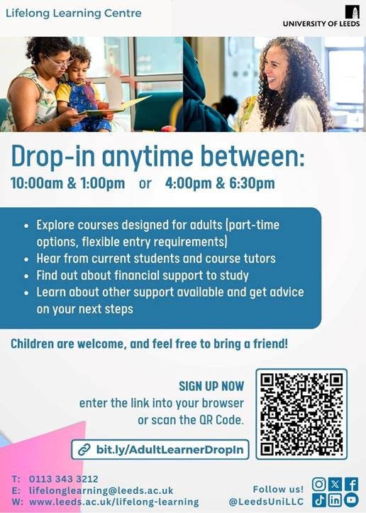 📅 Adult learner drop-in Thursday 18th April, 10.00am until 6.30pm 🤔Thinking about your next steps?· 🎓Never had the chance to get a degree? 📋Book your place by scanning the QR code below: