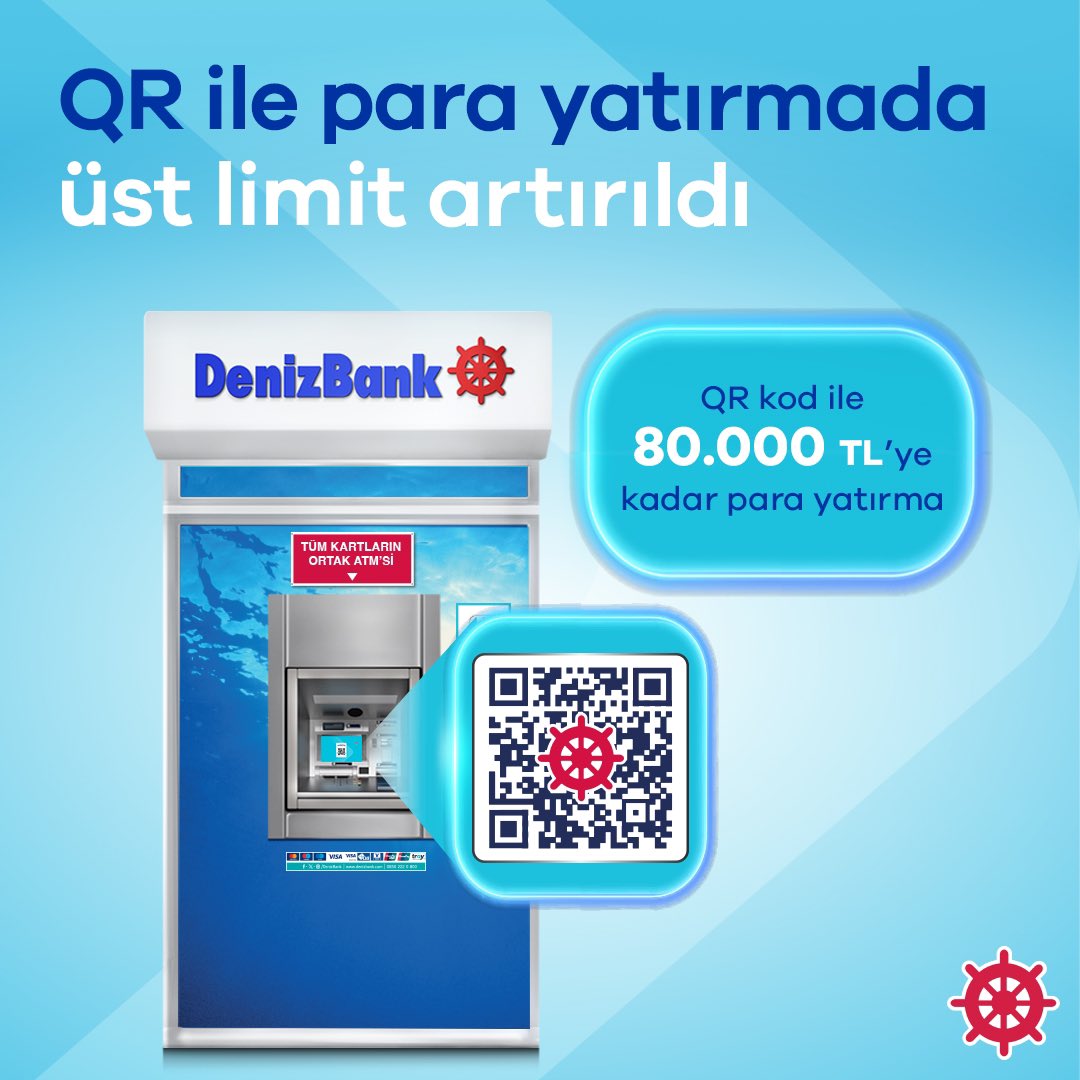 DenizBank ATM'si görenlerin dikkatine! 📣 QR kod ile günlük 80.000 TL'ye kadar para yatırma avantajı DenizBank'ta.🩵 Detaylar DenizBank web sitemizde.