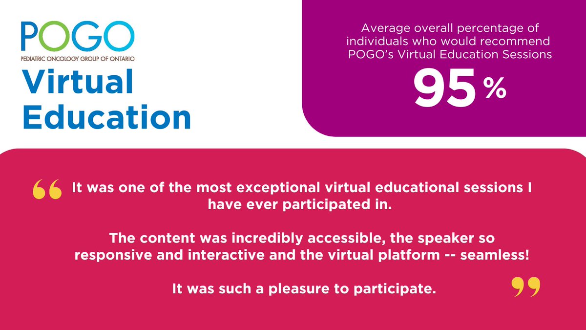 (1/2) POGO provides a wide range of opportunities to enhance knowledge about #ChildhoodCancerCare. This includes hosting virtual educational sessions throughout the year on a range of topics to support the learning needs of #PediatricOncology #HealthcareProviders.