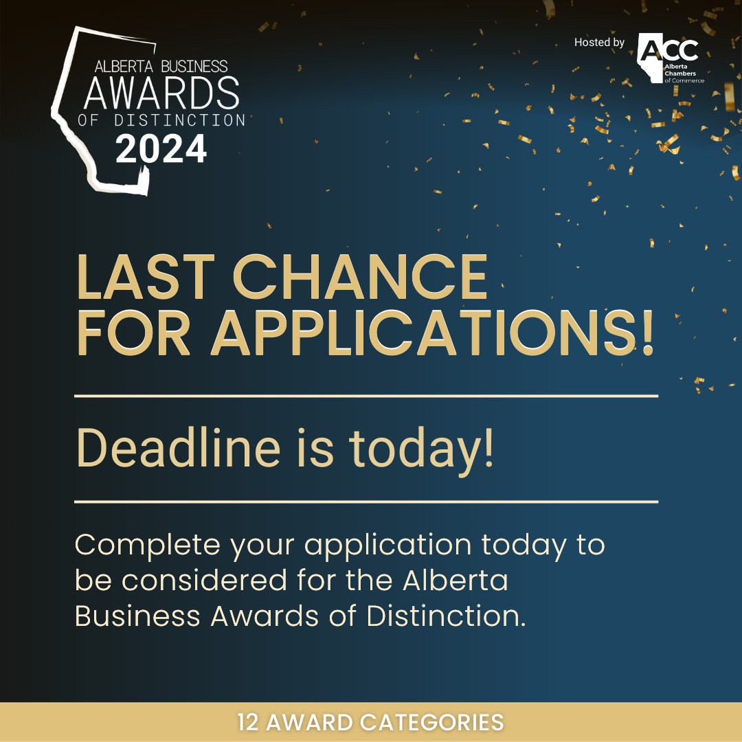 📣Today is the deadline to submit your application for the Alberta Business Awards, featuring a wide range of 12 categories to choose from! 🏆Don't miss out on this opportunity to showcase your excellence.

Apply! abbusinessawards.com
#abbiz #BusinessAwards #abchambers