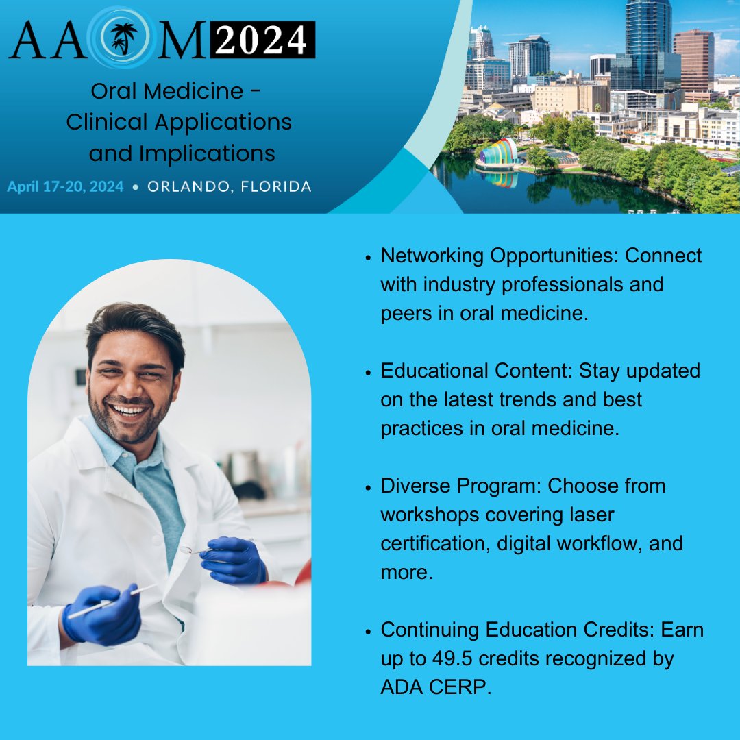 Discover exclusive benefits at the 2024 AAOM Conference:
Register now: ow.ly/nV0S50QYECp
If you would like to sign up for just the workshops, please use the code WORKSHOPONLY
#AAOM2024 #AAOMConference #OralHealth #ProfessionalDevelopment #Dentists #Dentistry  #Networking
