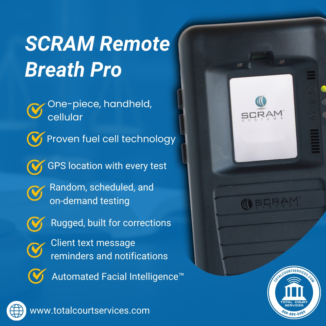 total_court's tweet image. Empower accountability with SCRAM Remote Breath Pro, now equipped with GPS location monitoring. 

#lawandordertech #securemonitoring #criminaljusticetech #digitalsafety #smartjustice #lawenforcementtechnology #alcoholtesting #securetech #scramremotebreathpro #gpsmonitoring