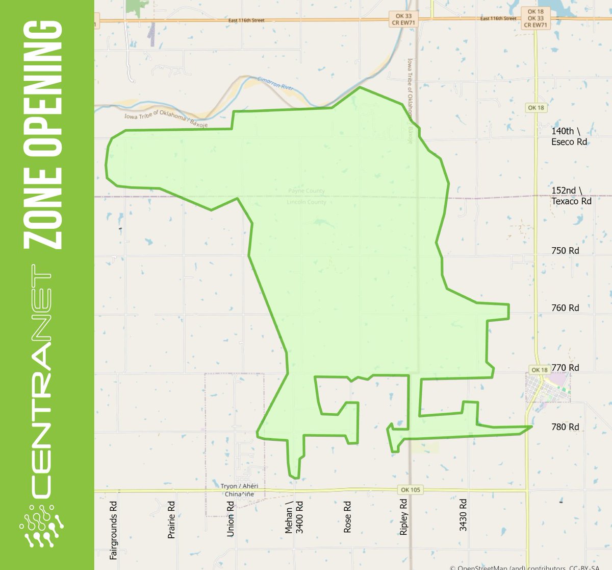 🎉🎉 ATTENTION MEMBERS! TWO NEW ZONE OPENINGS! 🎉🎉 If you live in the green shaded area and are a Central member, you can sign up now! Click ‘Check Availability’ at CentranetFiber.com or give us a call 405-533-FAST to sign up for service. #CentranetFiber #BreakTheRurals