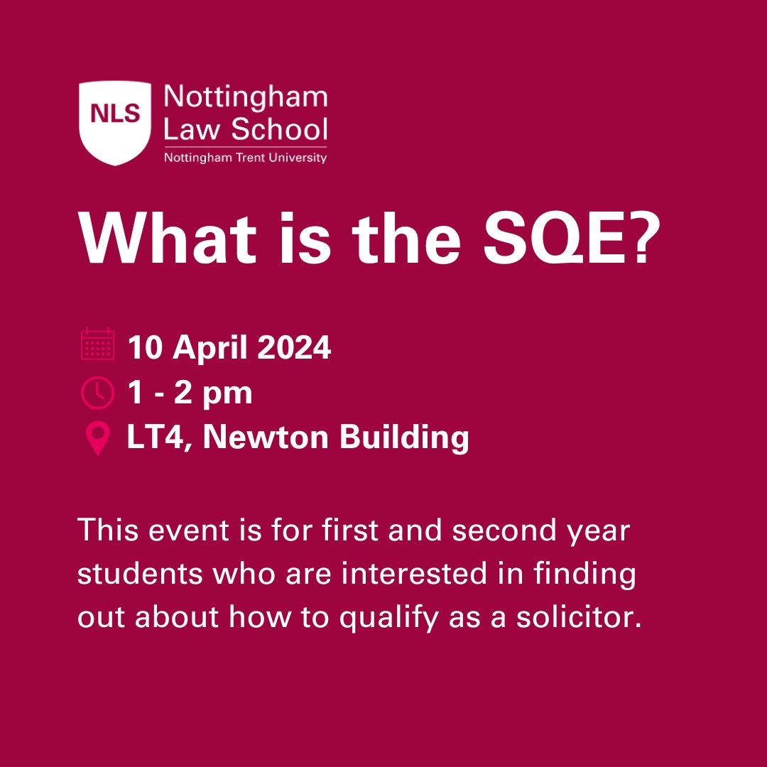 Are you a first or second year student interested in qualifying as a solicitor?🤔 Come along to a talk about the Solicitors Qualifying Examination (SQE), there's no need to book! 📅 Wednesday 10 April ⏰ 1 - 2 pm 📍 LT4, Newton Building