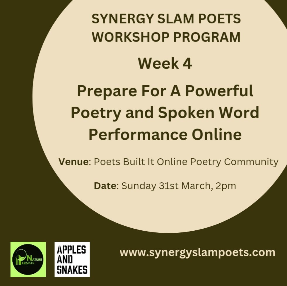 Will be hosting a performing poetry online workshop this Sunday 24th March at 2pm, on Poets Built It Online Community. @PoetsBuiltIt Im partnership with @ApplesAndSnakes For details synergyslampoets.com