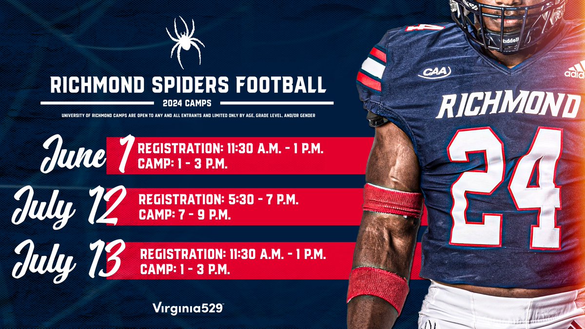 Our 2024 Summer Camp website is officially live! Come spend some time on the University of Richmond's campus and showcase your skills alongside our coaches and staff! …ndspidersfootballcamps.totalcamps.com/shop/EVENT