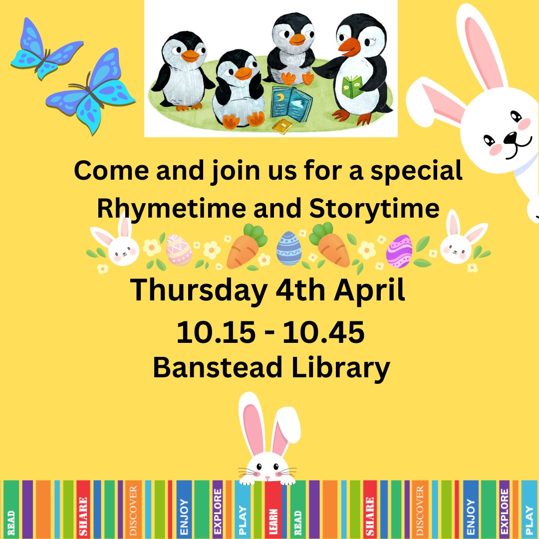 Come and join us for a special Easter Rhymetime and Storytime 🐣🐰 Thursday 4th April, 10.15 - 10.45 Free. Limited tickets available from the helpdesk on the day.