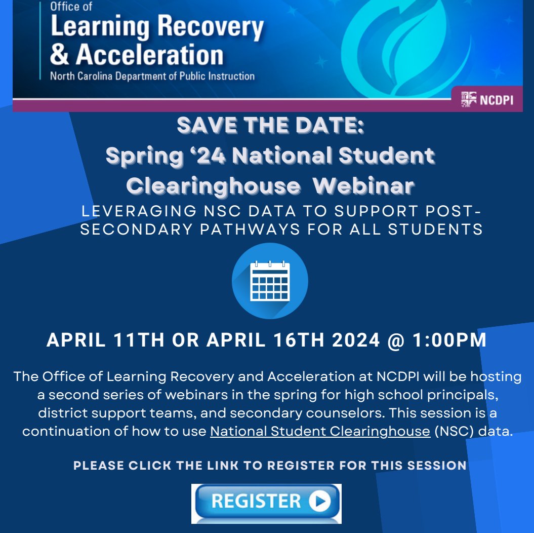 Register today for OLR's webinar series focused on using National Student Clearinghouse data! We will be sharing a dashboard that will support districts in understanding their first-time enrollment outcomes using NSC data. Register here for 4/11 or 4/16! docs.google.com/forms/d/e/1FAI…
