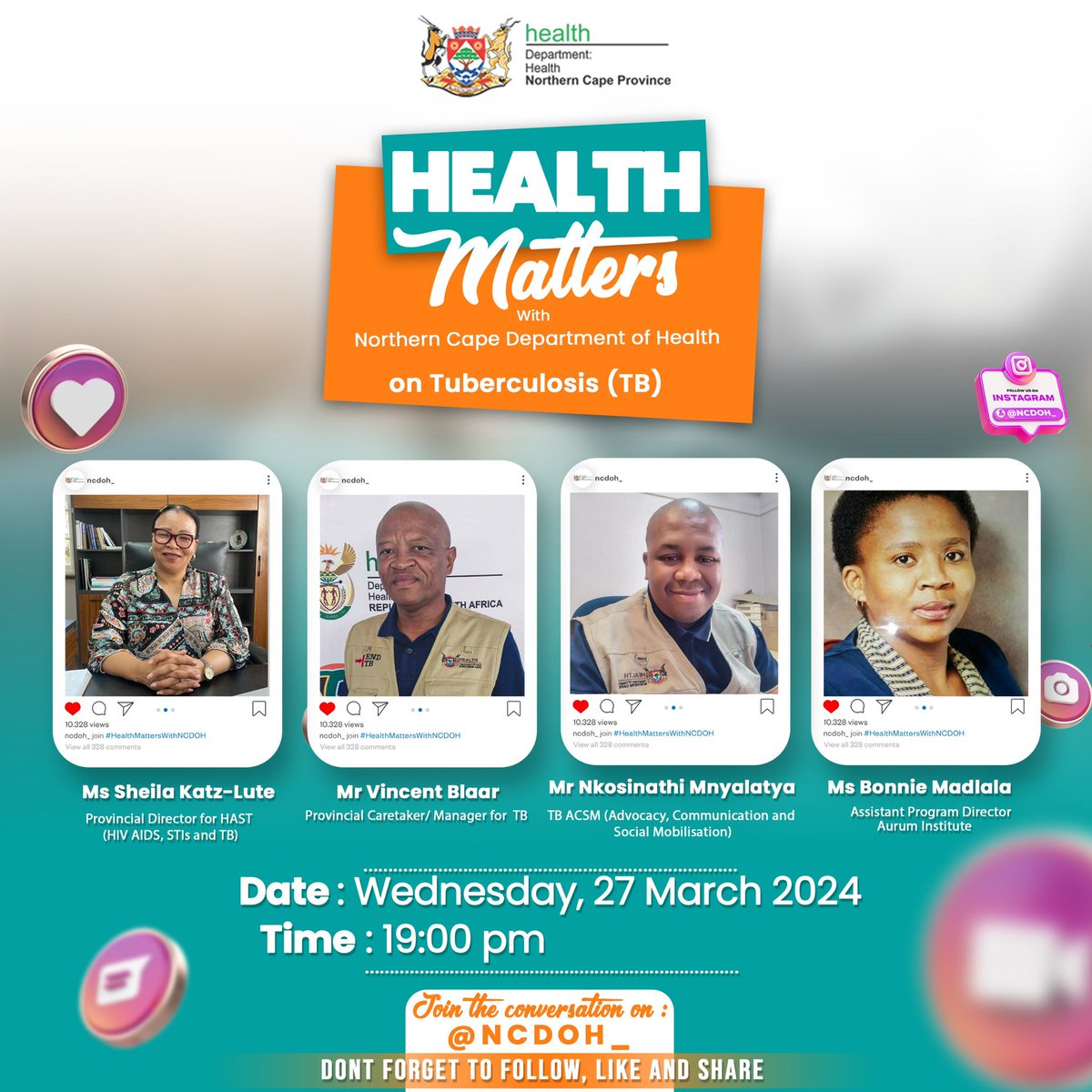 Join #HealthMattersWithNCDOH on Wednesday evening at 19:00 on @ncdoh_ instalive where we’ll be putting the spotlight on Tuberculosis (TB) 🫁 You don’t want to miss it!   

#TBAwareness 
#healthylifestyle 
 #NCDOH2024