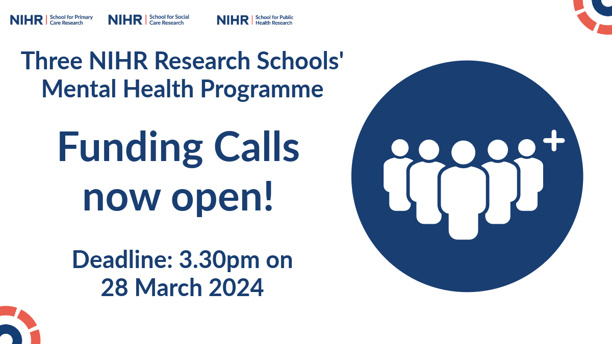 DEADLINE REMINDER: Funding call for the Phase 2 Three NIHR Research Schools' Mental Health Programme CLOSES at 3.30pm on 28 March 2024. Find out more: spcr.nihr.ac.uk/Three-Schools/… @Ashmore2009 @NIHRSPHR @NIHRSSCR @NIHRcommunity @NIHRresearch