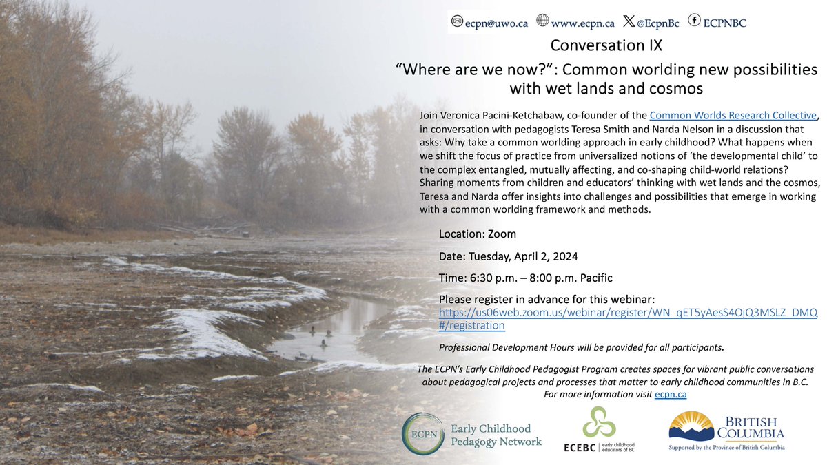 One week until ECPN's next conversation series! Join us as we discuss the common worlding approach in early childhood. 
<a href="/ECEBC1/">ECEBC</a> 
For more details and to register, visit: ecpn.ca/event/conversa…