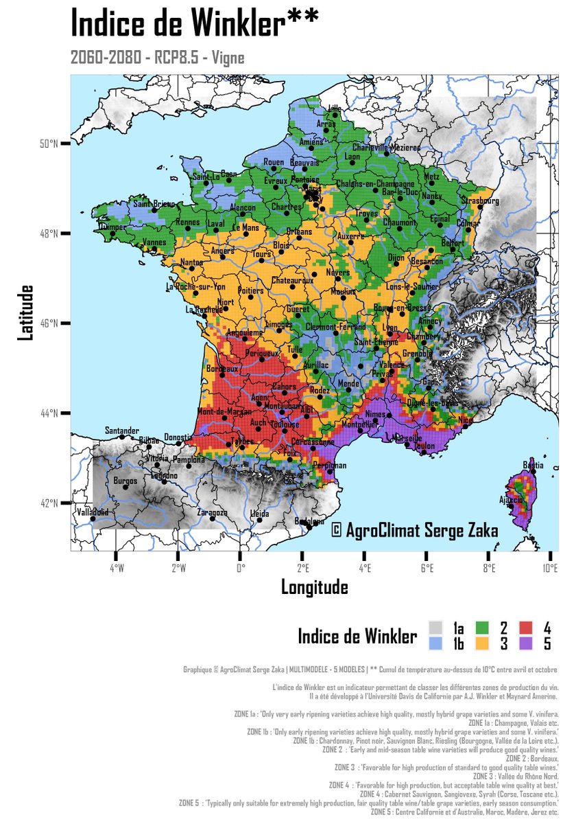 SergeZaka's tweet photo. Le changement climatique attaque le coeur de nos traditions françaises. La production viticole va fortement être impactée par une révolution de l'aire de répartition de cépages.
➡️Le Champagne pourrait disparaître de Champagne, relégué à l'Angleterre. 
➡️Le Bordelais se retrouvera en Bretagne, Normandie et Nord-Pas-de-Calais mais également sur les côteaux exposés... du Massif Central.
➡️Le vin du Maroc, de Madère ou de Jerez envahiront le sud de la France.
➡️La production d'un vin de qualité deviendra difficile sur le Languedoc et la Basse Vallée du Rhône. 

Cette étude est faite pour un scénario de réchauffement fort, à partir de 5 modèles climatiques (un scénario par modèle). 

Le modèle agroclimatique est développé par et pour AgroClimat2050. Elle a nécessité 200Go de données, 3 jours de calcul, sur 8600 points en France, pour 3 scénarios climatiques, de 1950 à 2100 soit 19 350 000 unités de simulations.
@LaRVF_mag 
@VigneReussir