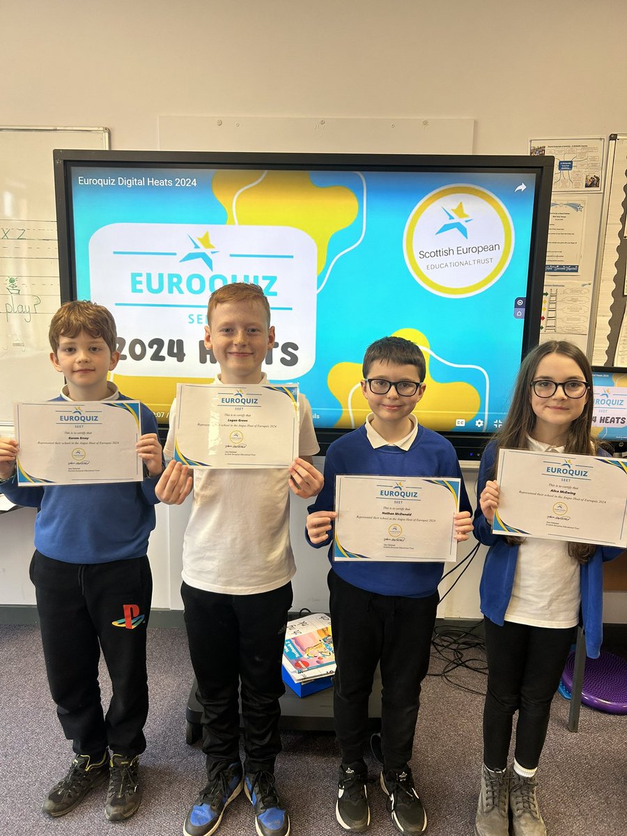 Congratulations and well done to our P6 Euroquiz team who won the @SEET_scotland Angus Euroquiz heats. They now progress to the final which takes place in Edinburgh in June. #Euroquiz2024 #BEST