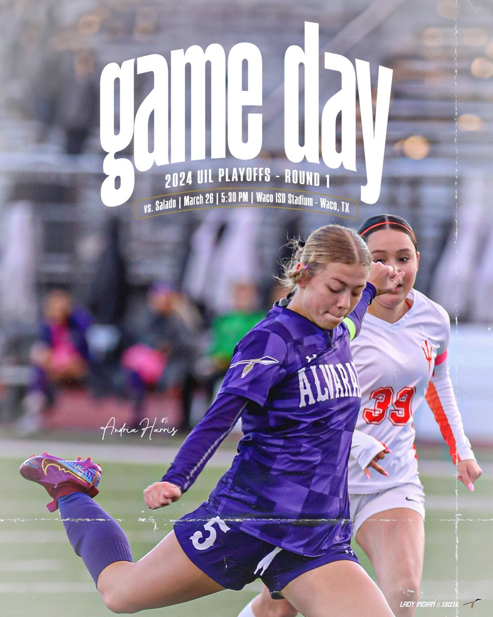 🏹⚽️ 𝐌𝐀𝐓𝐂𝐇 𝐃𝐀𝐘 ⚽️ 🏹

🚨 Round 1
🗓️ 3.26.24
🆚 Salado (<a href="/SaladoSoccer/">Salado Eagles Soccer</a>)
🕟 5:30 PM
📍 Waco ISD Stadium - Waco, TX
🎟️ wacoisd.org/Page/12176

It's match day for <a href="/AHS_girlsoccer/">Alvarado Girls Soccer</a>! Bi-District Championship! Show up, be loud, &amp; Go Lady Indians!

#AlvaradoExcellence #TR1BE