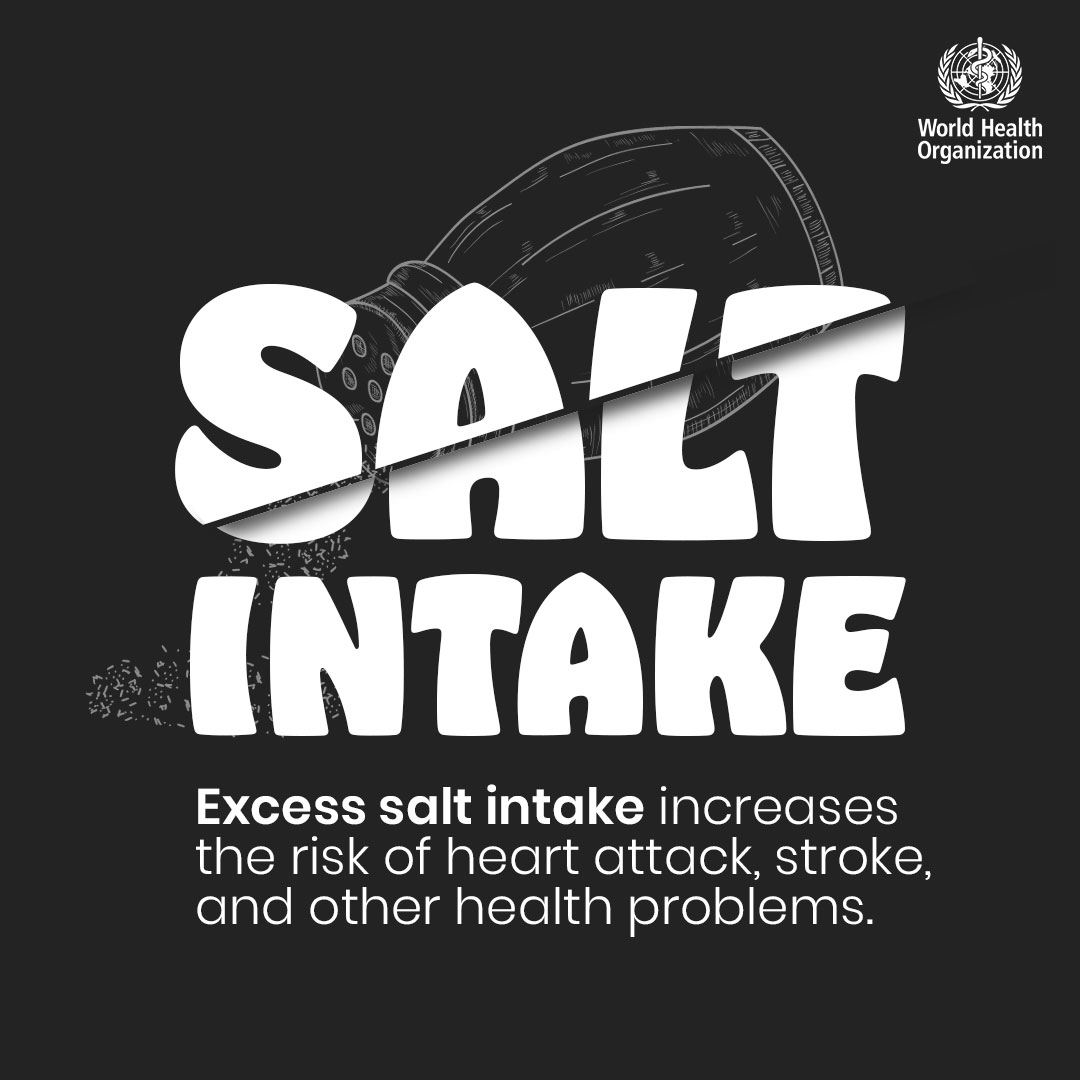 Excess salt intake increases the risk of health attack, stroke and other health problems. @WHO recommends a maximum intake of less than 2000 mg/day sodium (less than 5 g/day salt) in adults; a reduction in sodium intake to control* blood pressure in children.