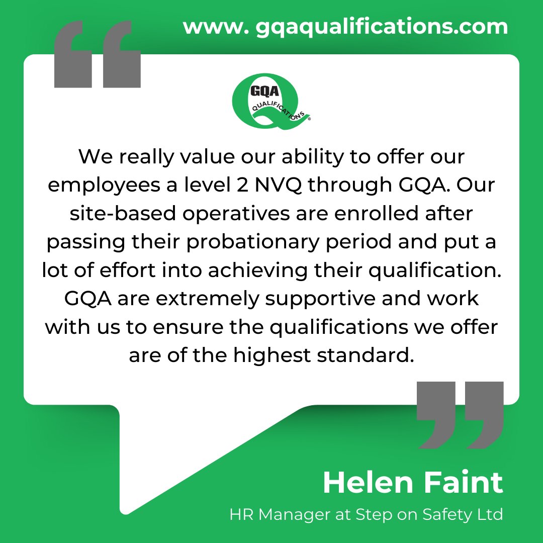 ✍️ What a lovely comment! 💬 We’d like to take a minute to thank Helen from @StepOnSafety for this kind comment she made earlier this week about our accredited training programmes. gqaqualifications.com #GQAQualifications #BigGreenQ #AccreditedTraining #Feedback #Review