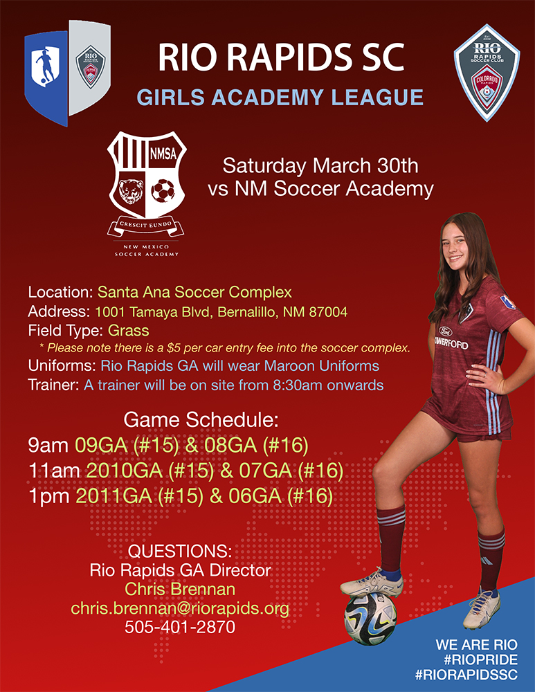 Come out and support our @GAcademyleague teams this Saturday. All games will be played at Santa Ana Soccer Complex. 🍀⚽️⭐️🍀⚽️⭐️🍀⚽️⭐️🍀⚽️⭐️ #riorapidsGA #goodluckgirls