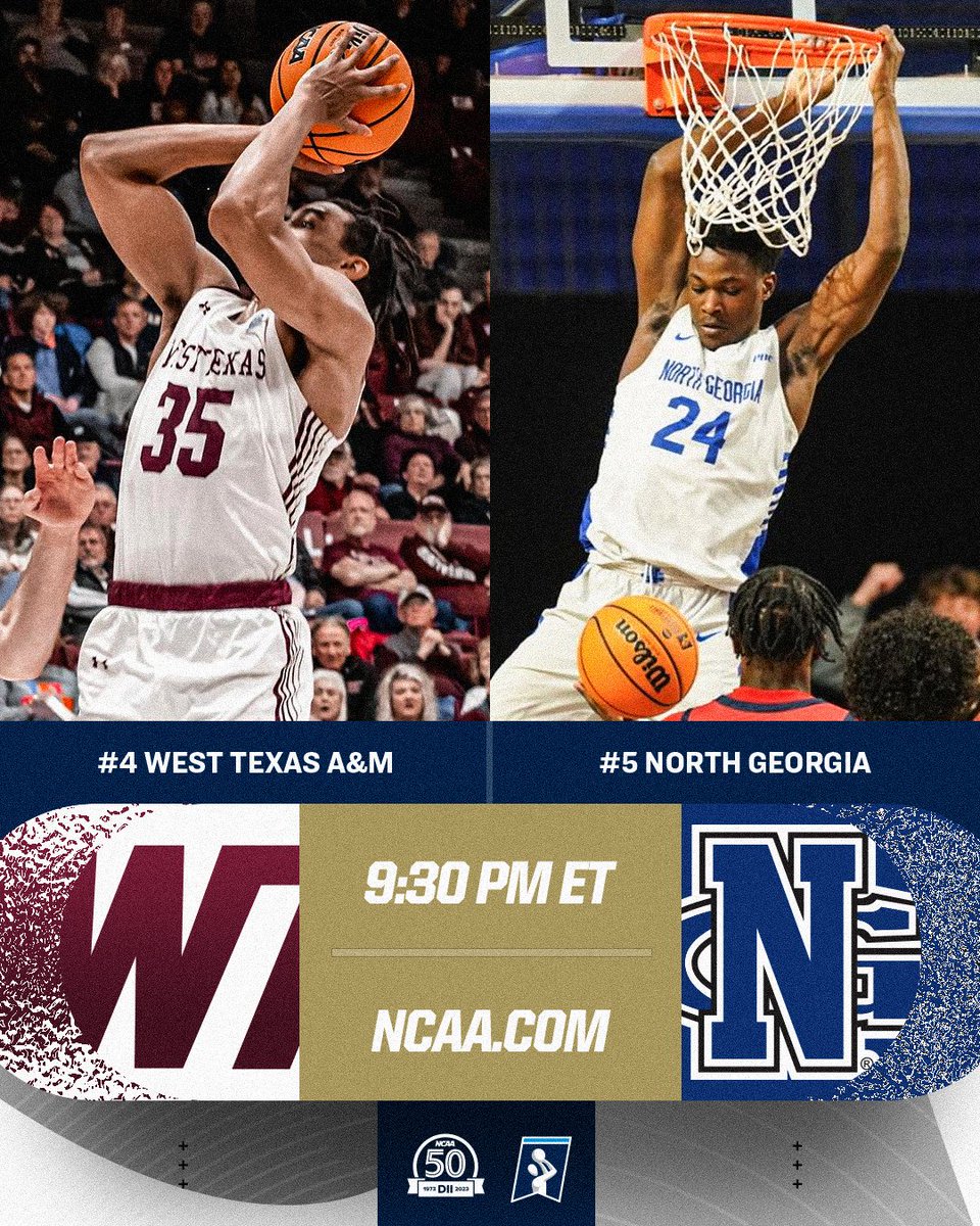 NCAADII's tweet photo. Game 4️⃣
4️⃣ @WestTXD2Hoops 🆚 5️⃣ @UNGMBB
⏰ 9:30 PM ET
📺 https://t.co/fjc3CEPV61
🔗 https://t.co/m32ILWqcCd
#MEliteEight | #D2MBB https://t.co/yHlY9CNqP0