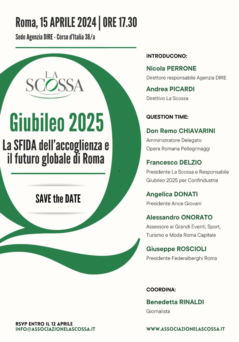 🔜 SAVE THE DATE! Appuntamento lunedì 15 aprile alle 17:30 a Roma presso @direpuntoit con il Question Time targato #LaScossa 'Giubileo 2025. La sfida dell'accoglienza e il futuro globale di Roma'. 📧 Per partecipare scrivi a info@associazionelascossa.it